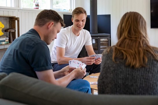 Venner spiller kort i sommerhuset: Sommerhusforsikring dækker families aktiviteter.
