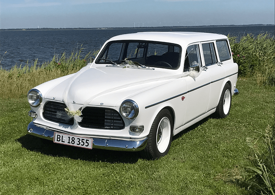 En volvo der holder parkeret ved et vandkantsområde. 