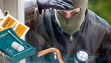 En person iført elefanthue og læderjakke kigger ind gennem et vindue og skygger for solen med hånden. Foran personen ses sikkerhedsprodukter som mærkater, en sikringslås og en lampe.