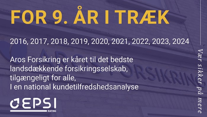 Aros Forsikring topscorer i kundetilfredshedsanalyse 2024: For 9. år i træk kåret som bedste forsikringsselskab.