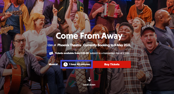 Come From Away show header with running time highlighted