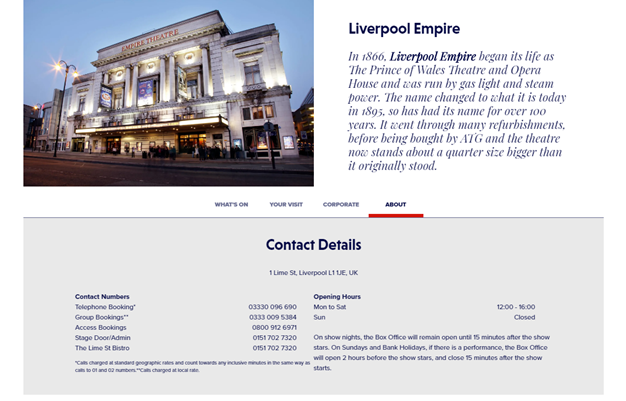 A page of information regarding Liverpool Empire including an image of the exterior of the theatre