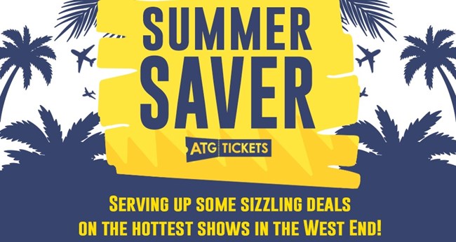 A blue and white background with palm trees and planes flying overhead. A yellow banner with the words Summer Saver ATG Tickets
