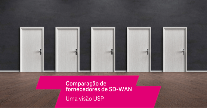 Uma fila de 5 portas com o título “Comparação de fornecedores SD-WAN” para se assemelhar às muitas opções disponíveis no que diz respeito aos fornecedores de tecnologia SD-WAN.