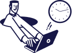 Safe and Fast Transactions Line drawing of a person working on a laptop next to a large clock icon, under the text Secure Payments.