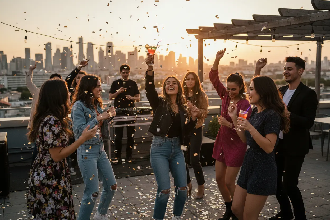 Rooftop Celebration at Sunset A group of friends dancing and celebrating at a rooftop party during sunset, with confetti flying in the air and a city skyline in the background.
