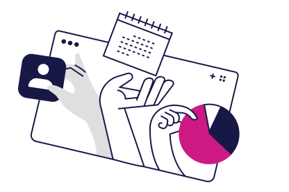 Manage Everything in One Place Illustration of hands managing a dashboard with a user profile icon, calendar, and pink pie chart, under the text Total Control.