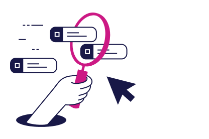 Boost Your Visibility Line art illustration of a hand holding a magnifying glass highlighting data tags under the text More Visibility.