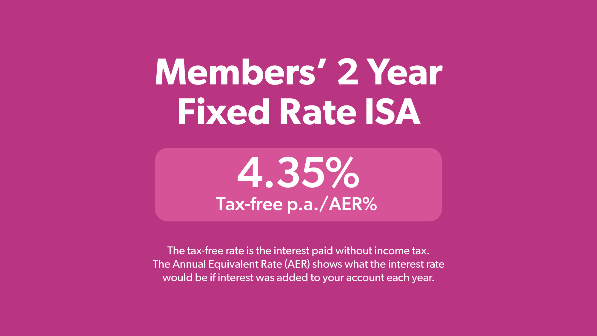 Pink background with white text for Members' 2 Year Fixed Rate ISA product