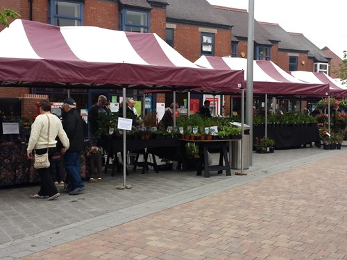 Red and white striped stalls selling plants at Kirkby Outdoor Market in Kirkby in Ashfield