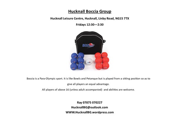 Poster with details about Hucknall Boccia Group