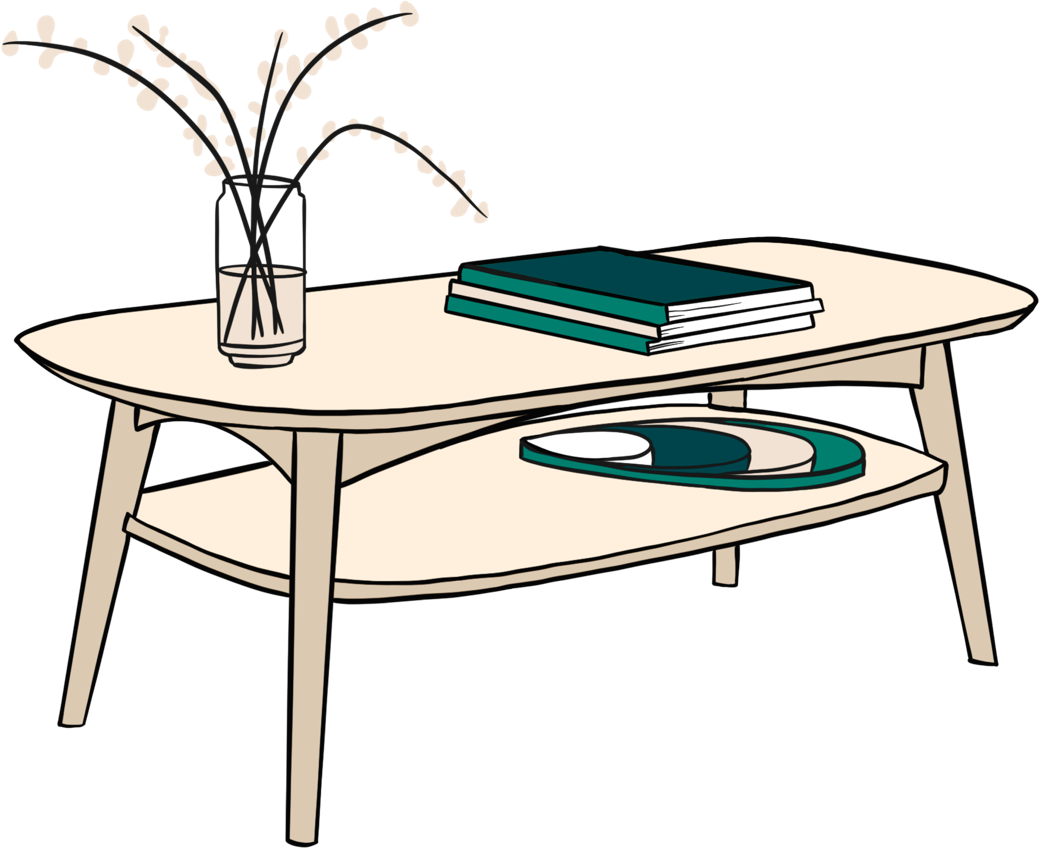 An illustrated coffee table with a stack of books and a plant in a glass vase.