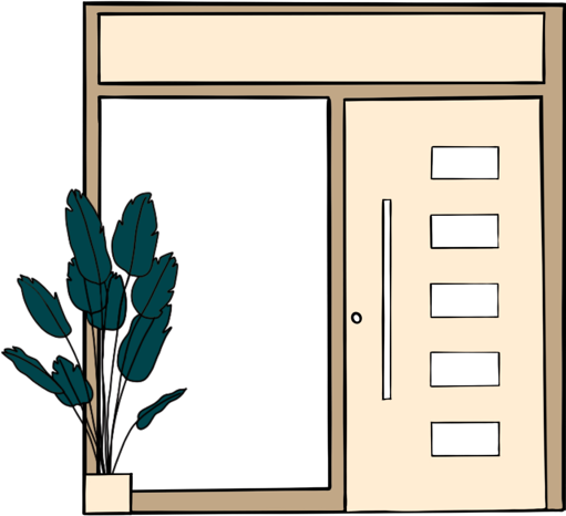Illustration of a wide front door of a home with a large leafed green plant on the left.