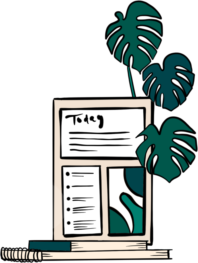 An illustration of a calendar with today as the date with a notebook in front and plant behind it. 