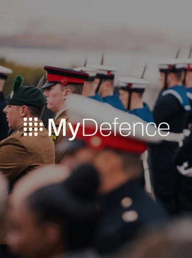 MyDefence logo in front of military personnel
