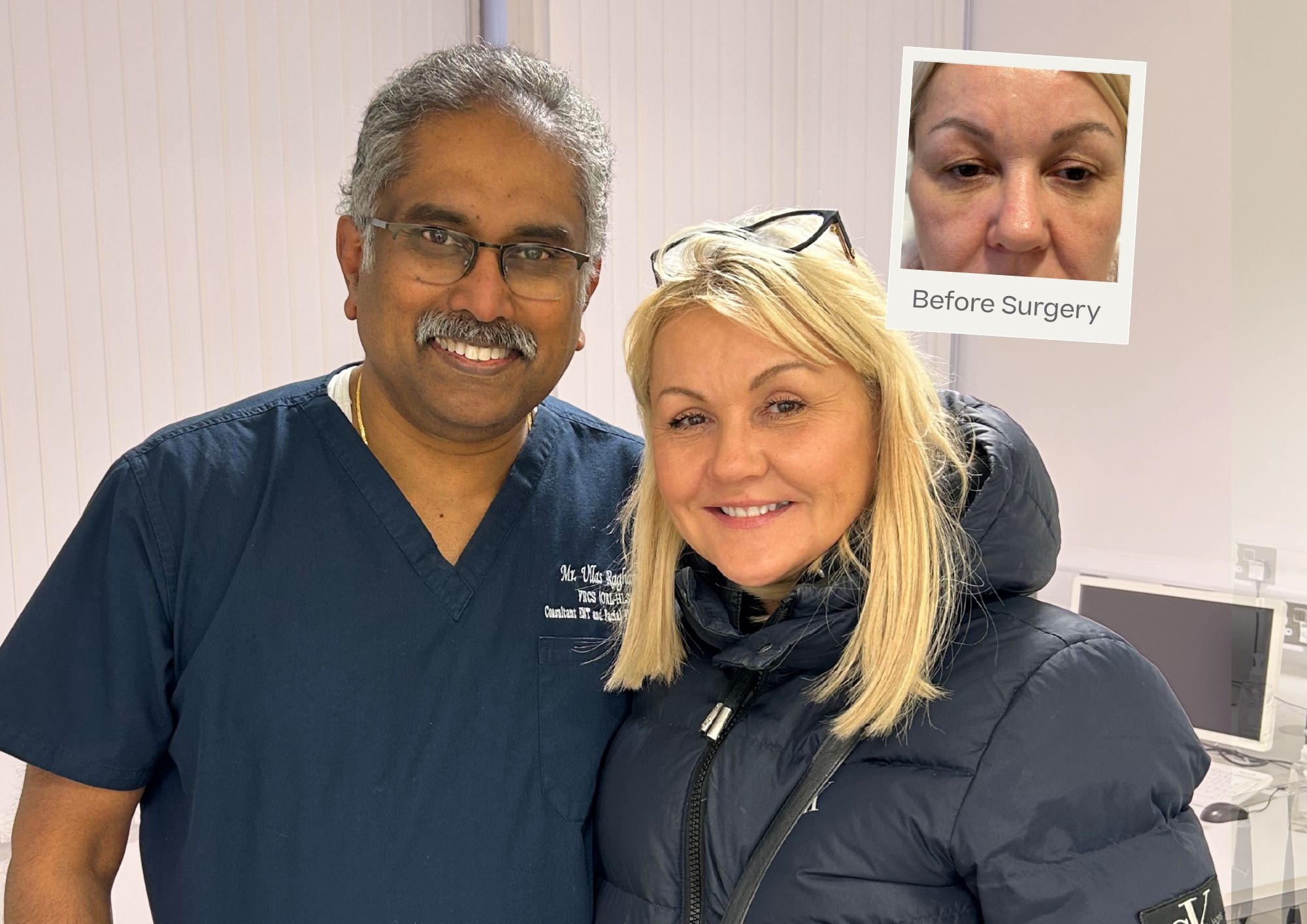 Lisa George Brow Lift and Blepharoplasty before surgery polaroid and image of her and Mr Raghavan Pall Mall surgeon 