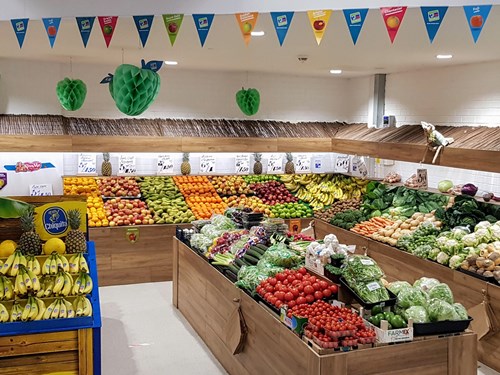 Colourful produce being sold at Larvin's Fruit and Vegetable shop in Idlewells Indoor Market in Sutton in Ashfield