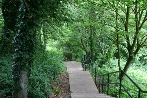 A stairway with a handrail surrounded by trees in Portland Park