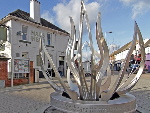 A metal leaf sculpture in Kirkby in Ashfield town centre
