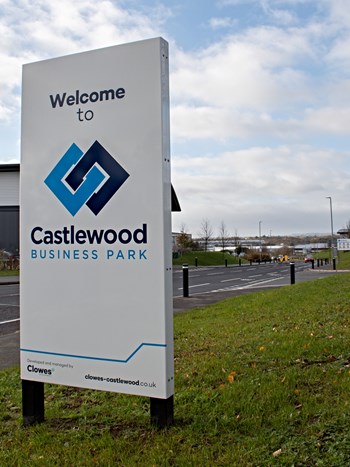 The Welcome to Castlewood Business Park sign