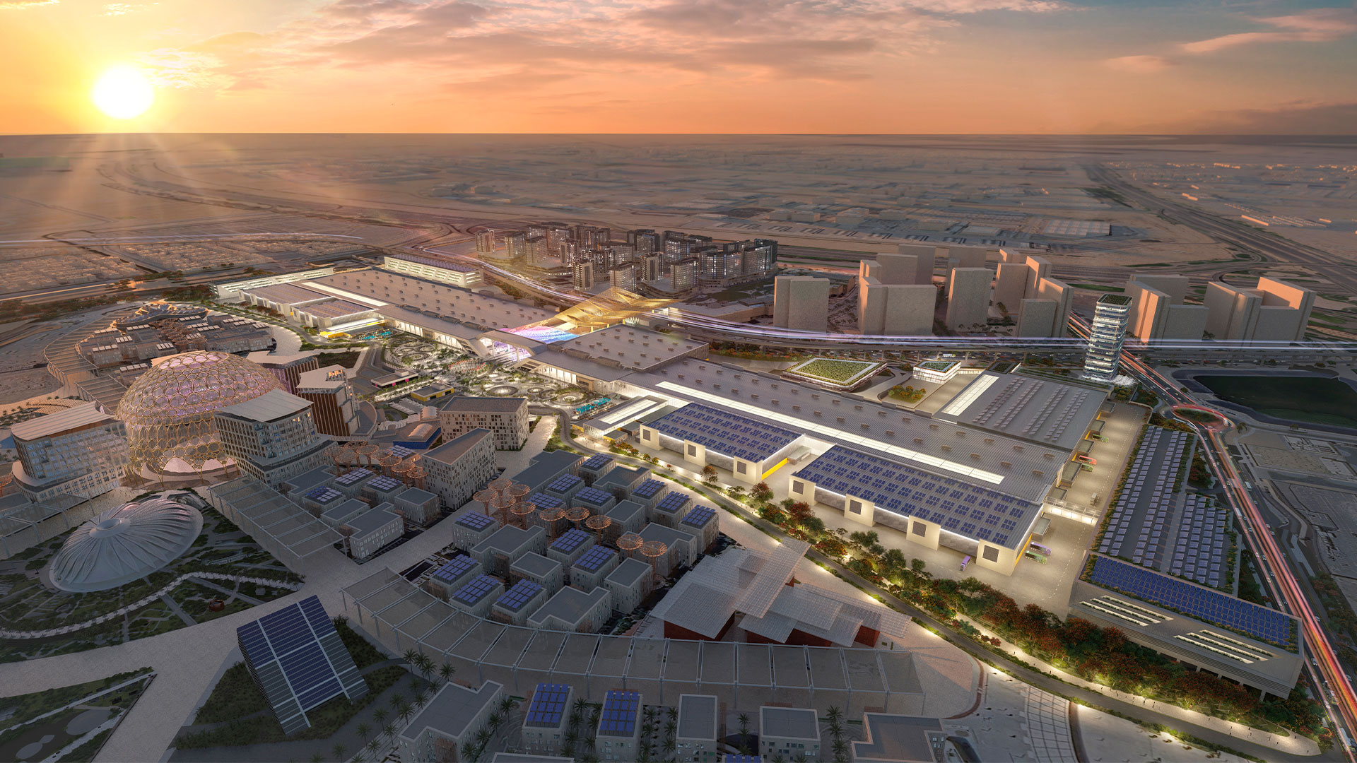 Aerial view showing the completed Phase 3 expansion of the Dubai Exhibition Centre, scheduled for 2031.