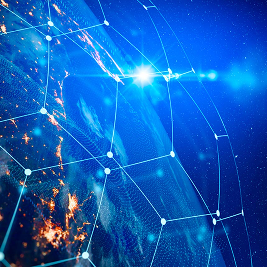 Digital network overlay on a view of Earth from space, showing illuminated cities and connecting nodes.