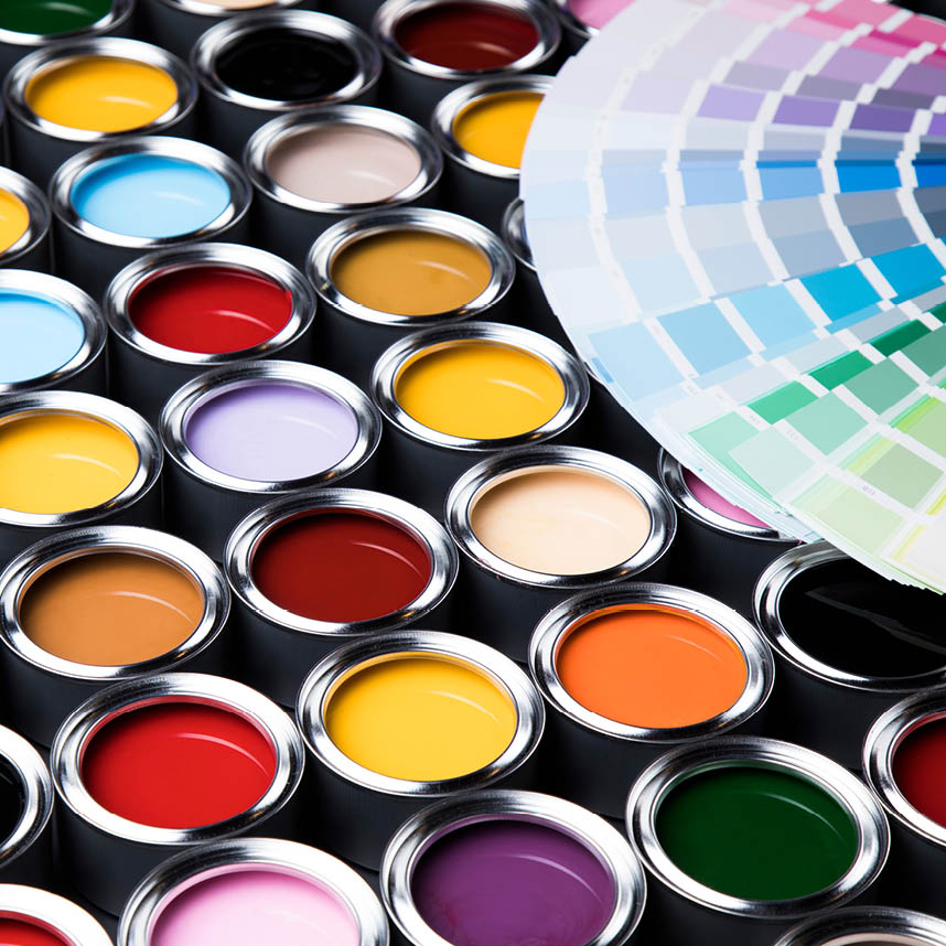 Open paint cans in vibrant colors with a color swatch palette.