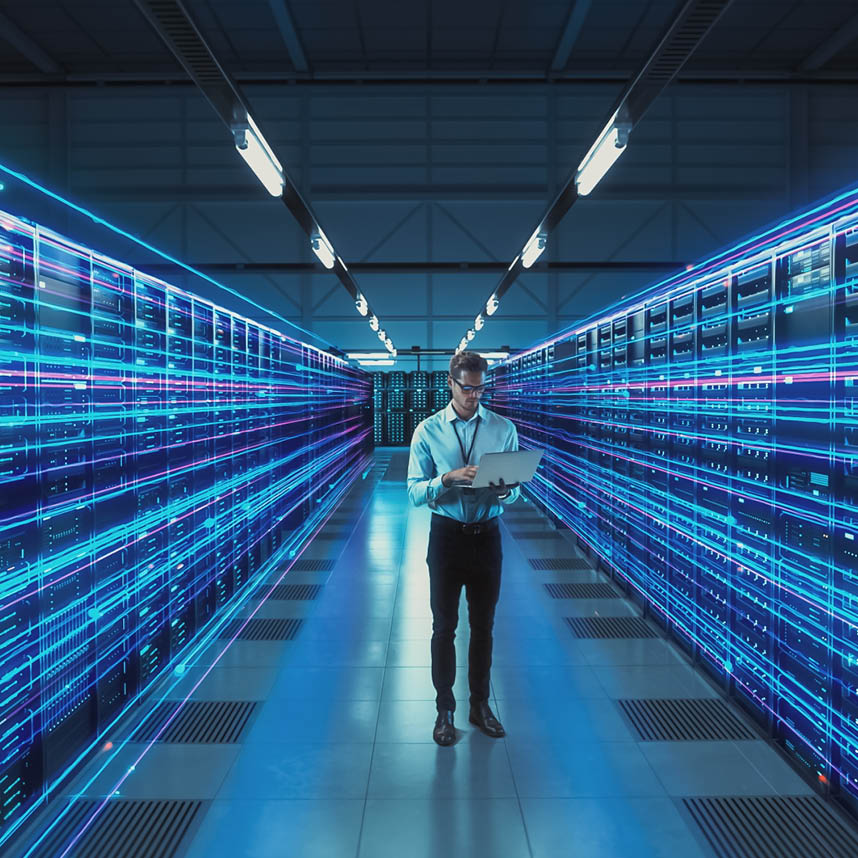 IT professional standing in a futuristic server room with glowing blue data racks.