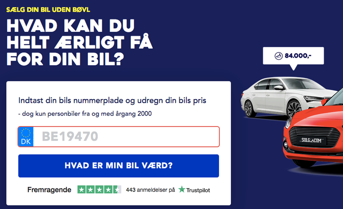 På Solgt.com kan du med få klik få svar på, hvad din bil er værd. Du skal starte ud med at indtaste din nummerplade. Billedet er et screendump fra Solgt.com.