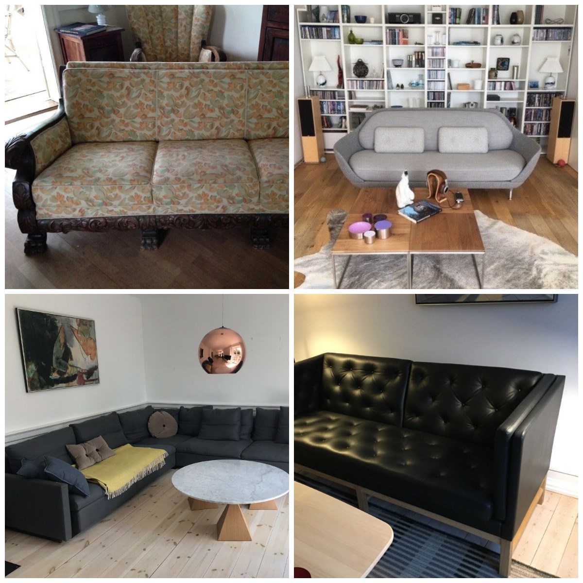 Her er fire sofaer, som alle er til salg lige nu på DBA. Den gul-blomstrede har Lene fra Espergærde til salg for 12.000 kroner. Den hvide kan du købe for 25.000 kroner af Erik fra København S. De mørkegrå har Mette fra Vanløse til salg for 32.000 kroner, mens Bjarne fra Vanløse vil have 30.000 for sin lædersofa