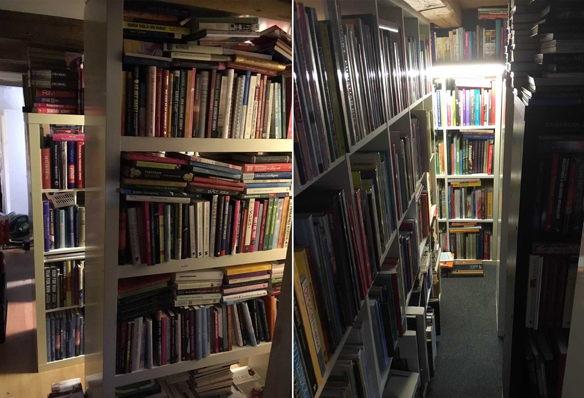 Henrik og Sabine har omdannet deres kælder til et regulært bibliotek. Her står bøger sorteret fra gulv til loft med små gange imellem, der er 39 centimeter, så de akkurat lige kan komme igennem rækkerne. De har lidt over 30.000 bøger stående. Og nu er de begyndt at sælge ud af dem på DBA