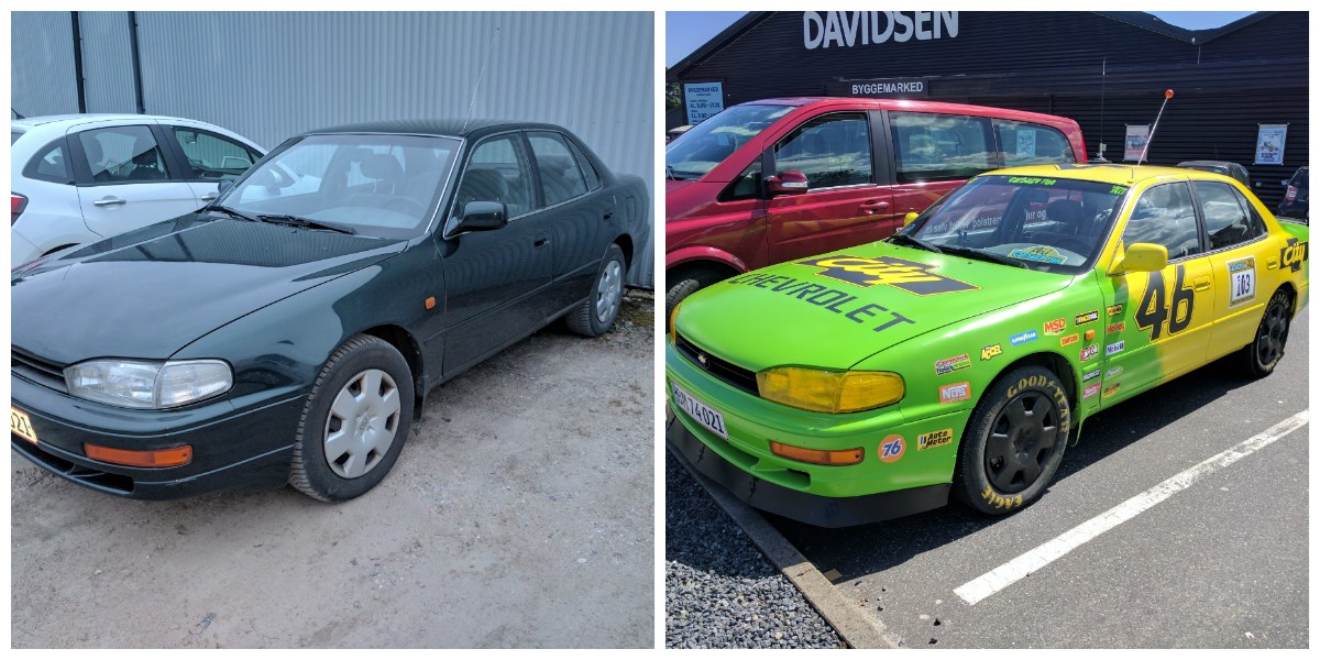 Sådan har Lars Bjerregaard transformeret sin bil. Til venstre ses bilen, som han købte den på DBA, og til højre ses den mundering, bilen troppede op i til carbage run i år.