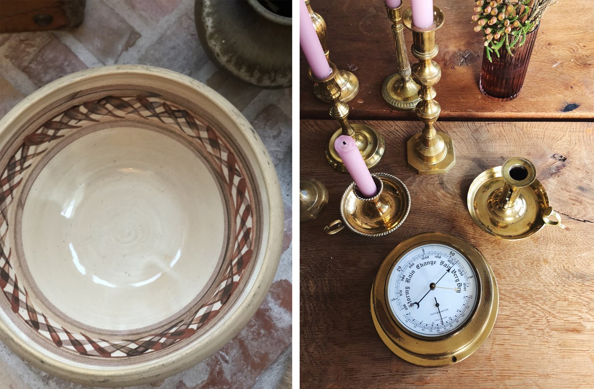 Billedtekst: Smuk, original keramik, et old-school vintage barometer og gamle, fine stager var blandt andet noget af det, som Susan gav i gaver til sin familie. Alt sammen fundet brugt. Og det viste sig at være et stort hit.