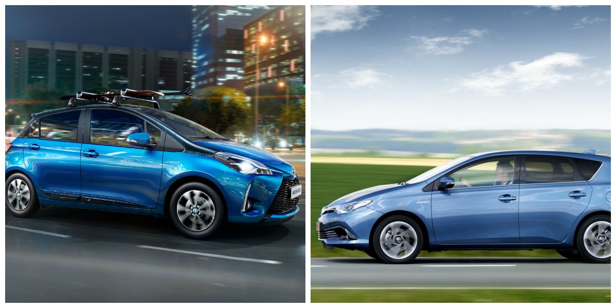 Vidste du at? Hybrid-modellerne fra Toyota både har en elmotor og en traditionel benzinmotor. Bilen vælger automatisk, hvornår den skifter fra benzin til el - og omvendt. Det betyder, at du i sidste ende kører mere på el og mindre på benzin, hvilket både er godt for miljøet OG din pengepung. På billedet her ses en mørkeblå Toyota Yaris og en lyseblå Toyota Auris