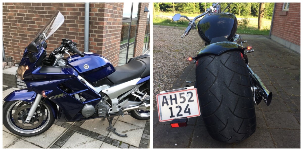 Hvis du har 109.000 kroner og er i nærheden af Grenaa, kan motorcyklen til venstre i billedet blive din. Du kan også købe Bjarkes motorcykel, som står i Vallensbæk Strand. Den vil Bjarke lige nu have 85.000 kroner for på DBA