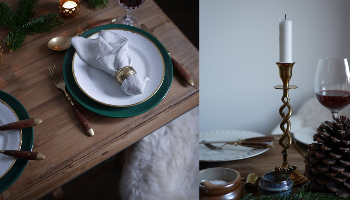 Hvide Bing & Grøndahl-tallerkner og messing-lysestager på julebordet. Billede af: Christina, My Wonderful Finds