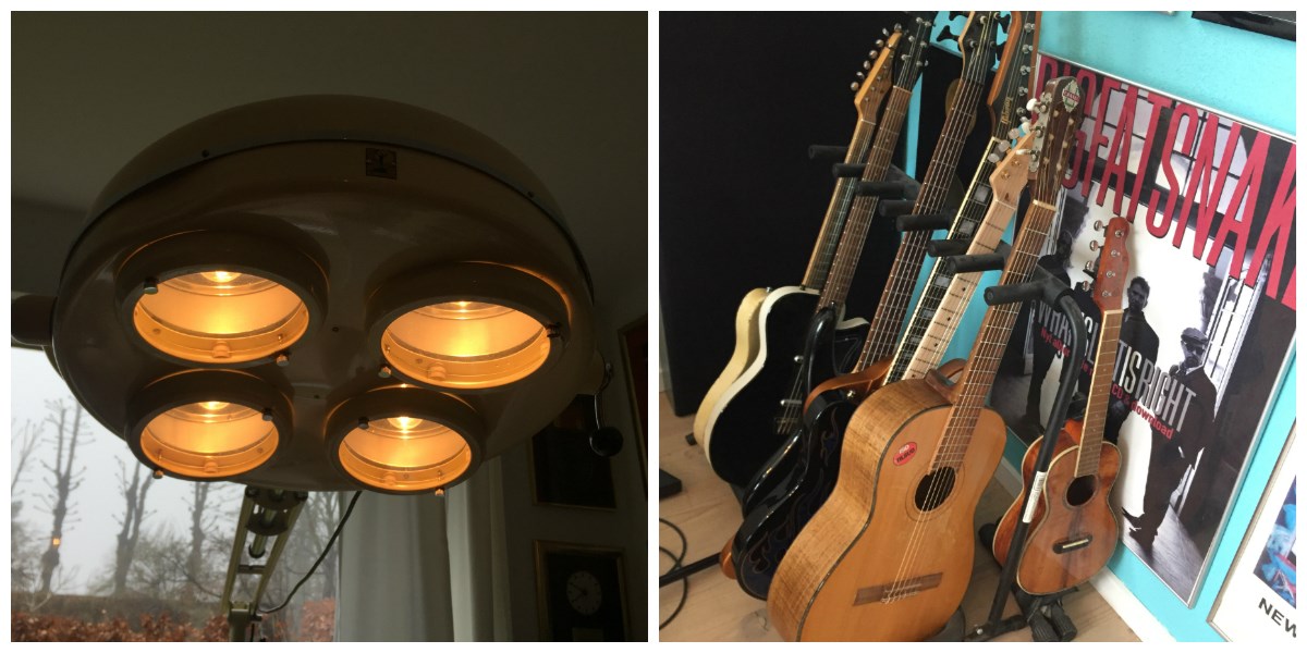 Her kan du se nogle af de guitarer, som Anders Blichfeldt ejer, og på det andet billede kan du se den store og unikke operationslampe