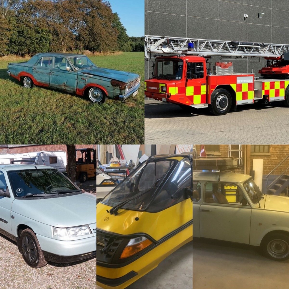 En brandbil, en kendisbil, en ellerts, en historisk bil samt et køretøj, der kun findes ét af i Danmark. Sådan kan disse fem biler opsummeres