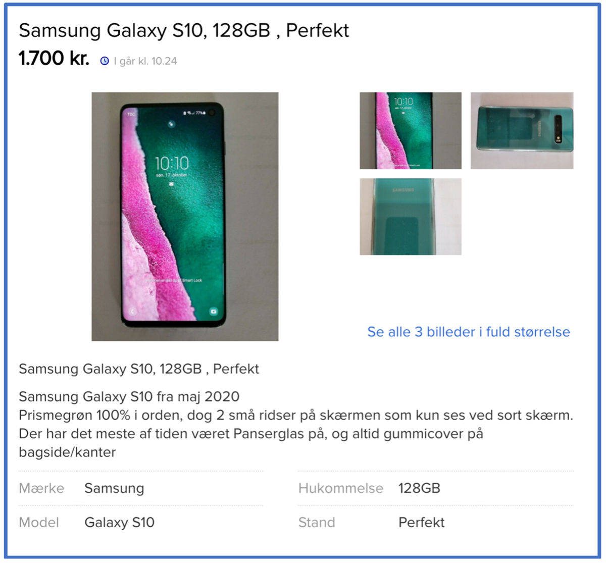 På billedet ses den billigste Samsung Galaxy S10 til salg på DBA, der er vurderet til at være i standen ’Perfekt’. Billedet er taget, da artiklen blev skrevet, derfor er den måske ikke til at finde længere.