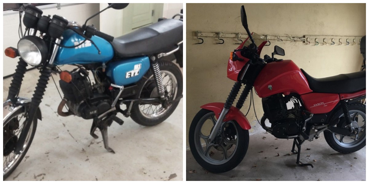 Her er to MZ-motorcykler, som lige nu kan blive dine via DBA. Den blå er sat til salg af Anders fra Slagelse til 8.000 kroner, mens den røde koster 14.500 kroner, og den sælges af Knud fra Gråsten