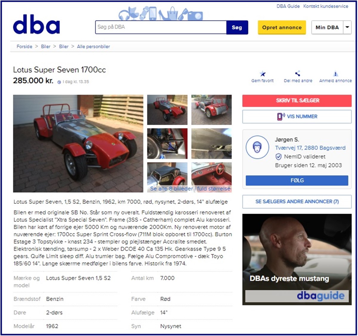 Her kan du se Jørgens DBA-annonce. 285.000 kroner har Jørgen sat bilen til salg for. I videoen kan du se, hvad han har set bilerne udbudt til, når de har været tilgængelige på markedet i England og Tyskland.