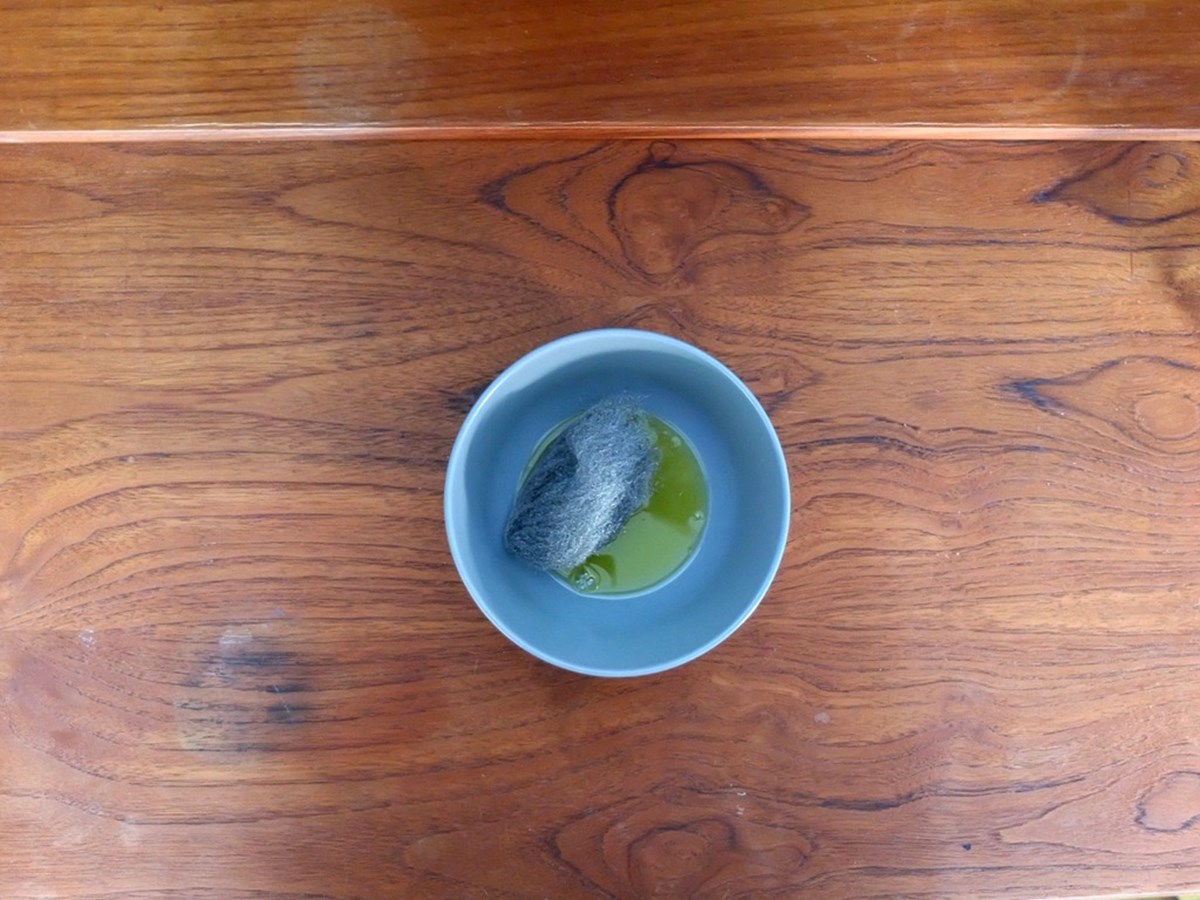 Kom teakolien i en skål og væd ståluld 0000 i olien. Skjolderne er godt synlige her hva’