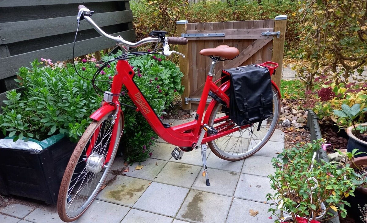 I Hillerød står denne røde Mustang-cykel, som Lillian lige nu har til salg på DBA. 6.500 kroner koster cyklen, der har syv gear.