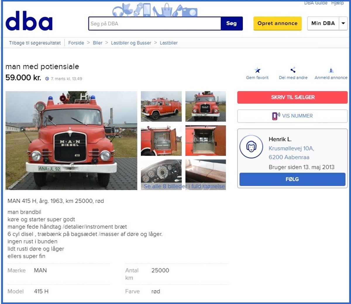 Her er DBA-annoncen. Du kan finde linket til den - såfremt brandbilen stadig er til salg, når du læser dette - i teksten herunder