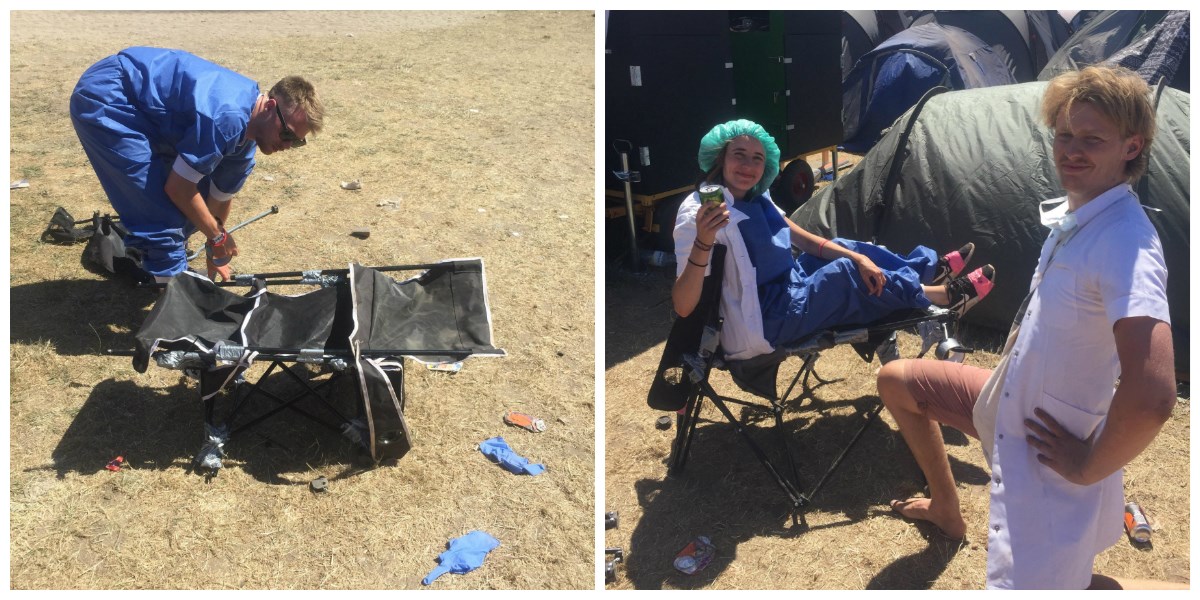 Frederik og lejren har fundet en del af de ødelagte stole i den container, der står i Clean Out Loud-området. Her affaldssorterer man nemlig. Foto: Julie Schoen