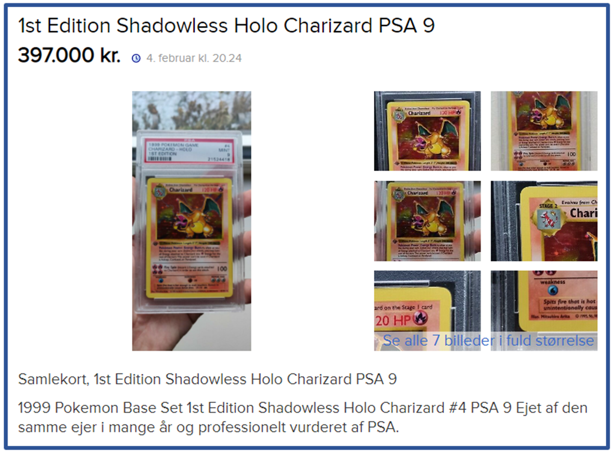 Morten har også et 1st Edition Shadowless Charizard PSA 8 kort til salg for 149.000 kroner.