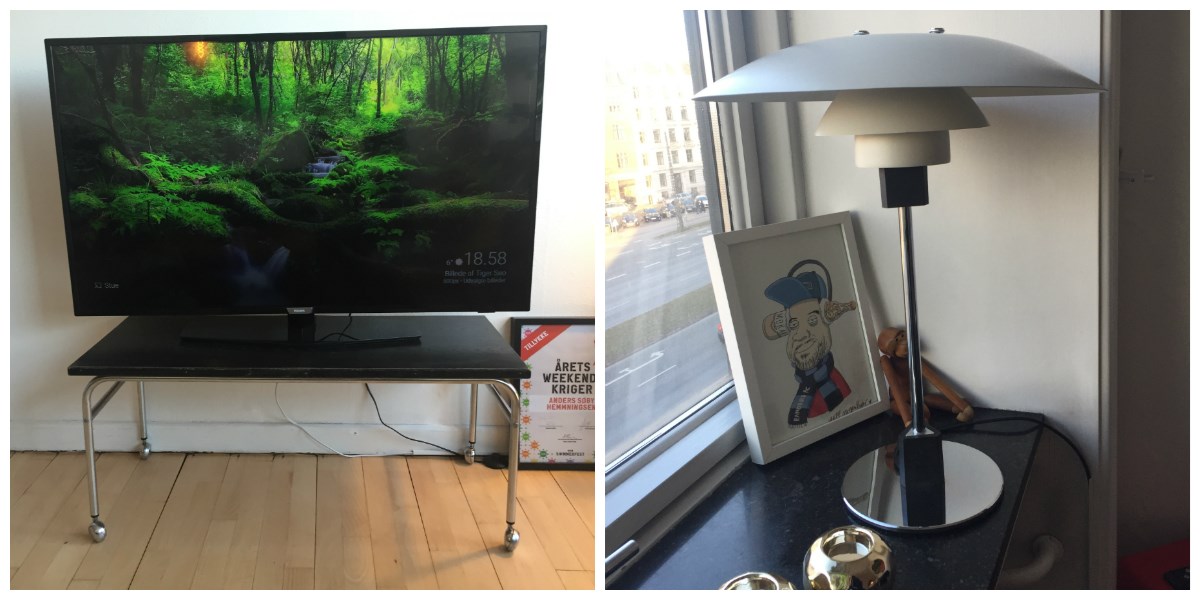 Sofabordet kostede kun 250 kroner. I dag bruger Anders Hemmingsen det som TV-bord. PH-lampen er også købt brugt, og det køb blev den 1.400 kroner billigere af