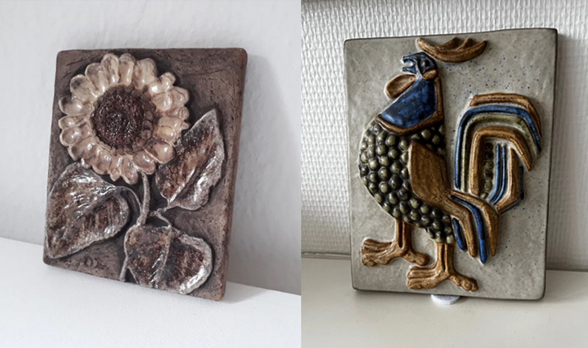 Keramikrelief med blomst kan hentes i Hvalsø til 350 kroner og det store hanerelief af Marianne Starck befinder sig i Roskilde og koster 550 kroner
