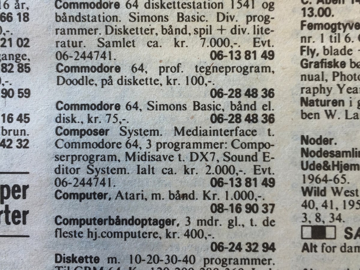 Annonce for en Commodore 64 i Den Blå Avis