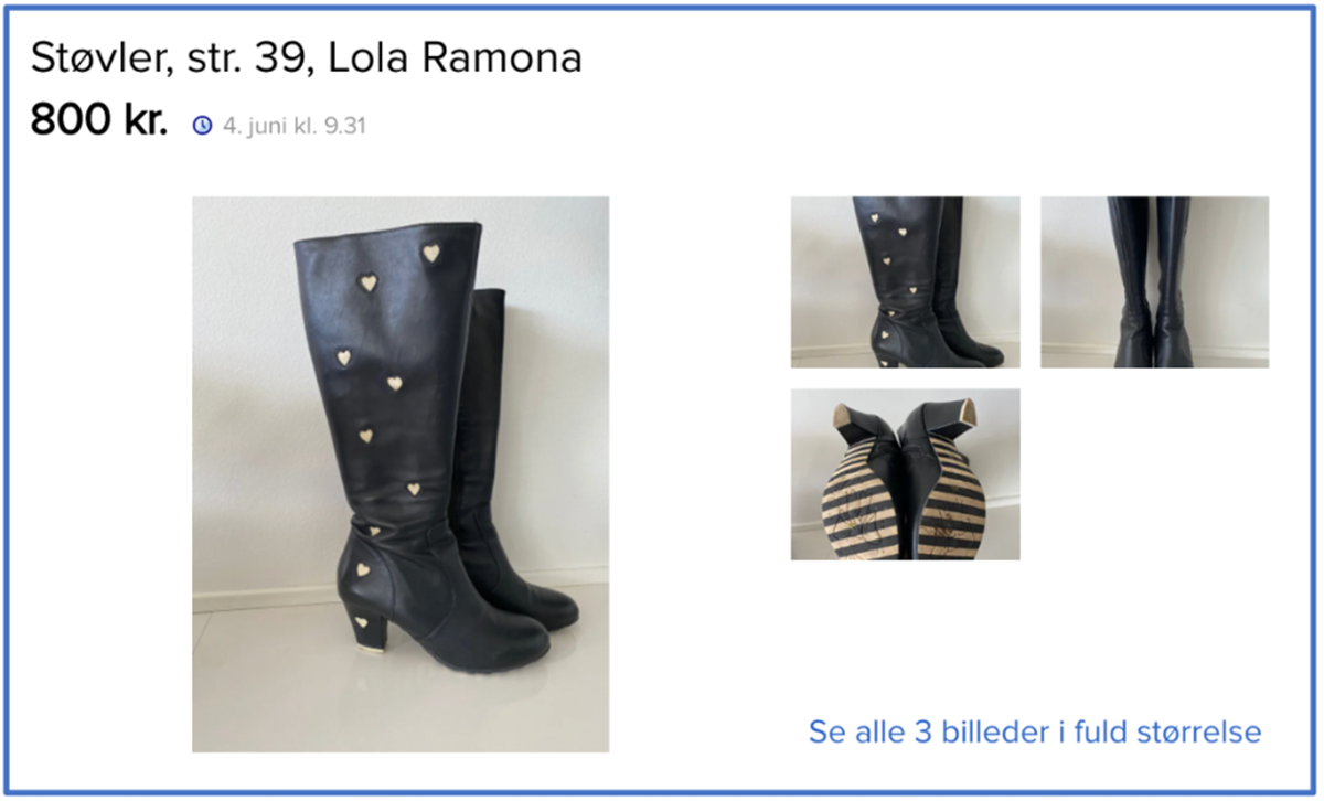 Det er Annika, der sælger disse støvler for 800 kroner i Stenløse.